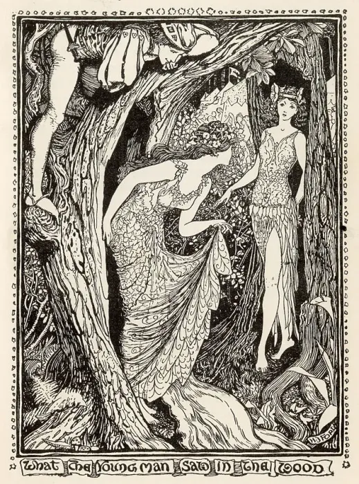 Framed Print : The young man spies upon two wood nymphs who danced by night in the forest. (German story) Framed Print : The young man spies upon two wood nymphs who danced by night in the forest. (German story)