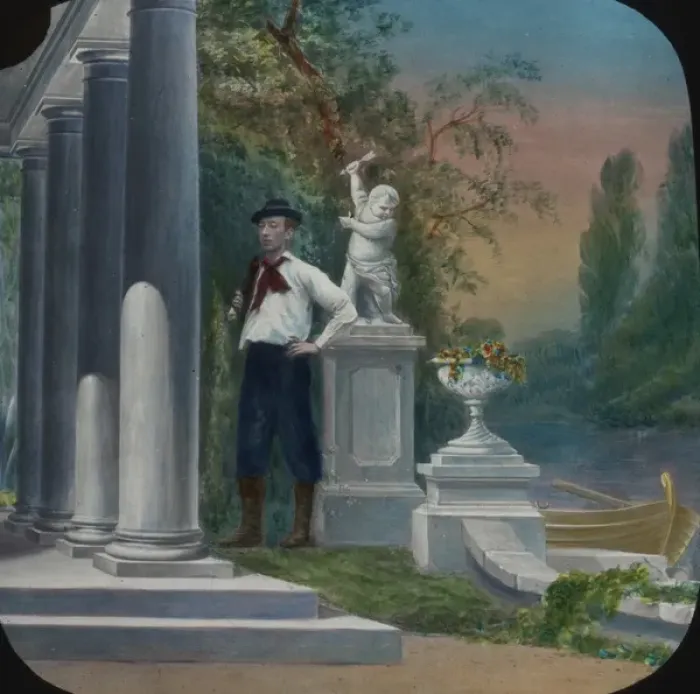 Framed Print : Young man standing by an ornate Italian-style Grotto Framed Print : Young man standing by an ornate Italian-style Grotto