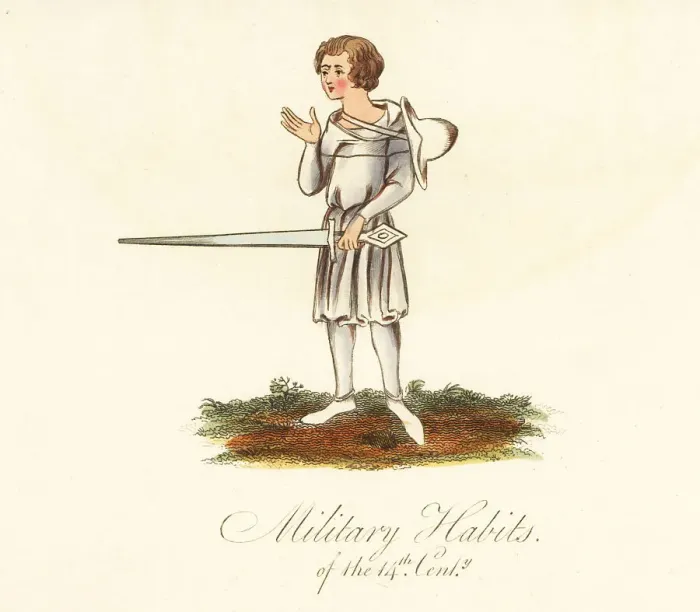 Framed Print : Young man in tunic and hose with sword, 14th century Framed Print : Young man in tunic and hose with sword, 14th century