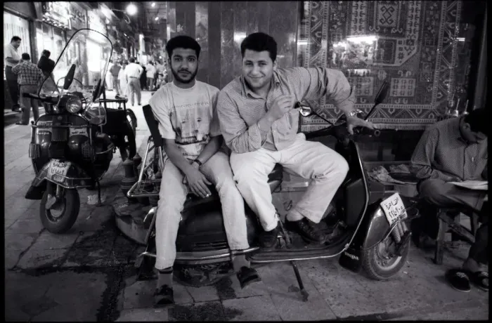 Framed Print : Young men with scooter outside Bazaar, Cairo, Egypt. Date: 1980s Framed Print : Young men with scooter outside Bazaar, Cairo, Egypt. Date: 1980s