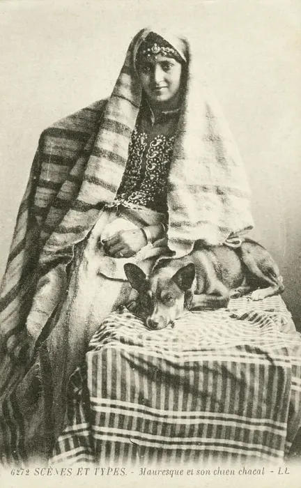 Framed Print : Young Moorish Woman with her jackal-type pet dog - Morocco Framed Print : Young Moorish Woman with her jackal-type pet dog - Morocco