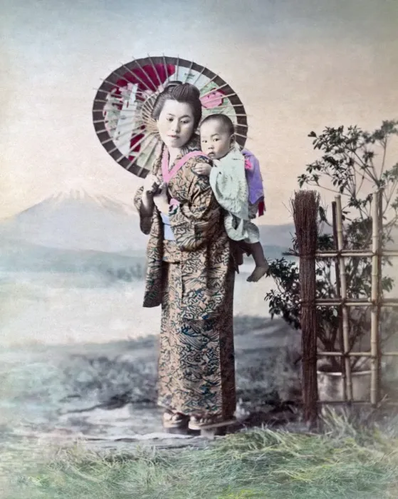 Framed Print : Young nurse and baby, Japan circa 1880s Framed Print : Young nurse and baby, Japan circa 1880s