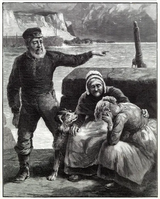 Framed Print : Young widow crying at the edge of the sea, being comforted by his parents after learning the news that her husband has died. Date: 1897 Framed Print : Young widow crying at the edge of the sea, being comforted by his parents after learning the news that her husband has died. Date: 1897