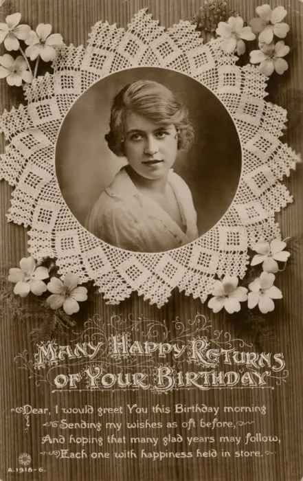 Framed Print : Young woman on a birthday postcard Framed Print : Young woman on a birthday postcard