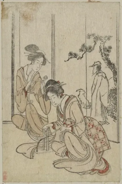 Framed Print : Young woman braiding a cord before a screen depicting the Ch Framed Print : Young woman braiding a cord before a screen depicting the Ch