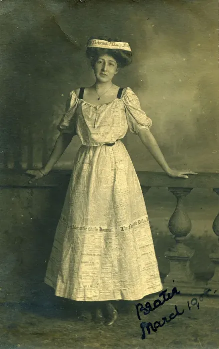 Framed Print : A young woman called Beatie, in a fancy dress costume as the Newcastle Daily Journal Framed Print : A young woman called Beatie, in a fancy dress costume as the Newcastle Daily Journal