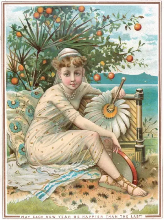 Framed Print : Young woman with feather fan on a New Year card