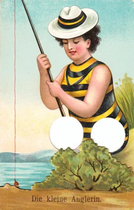 Framed Print : Young woman fishing on a German postcard