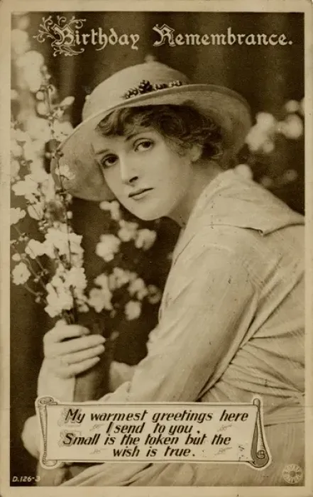 Framed Print : Young woman with flowers on a birthday postcard Framed Print : Young woman with flowers on a birthday postcard