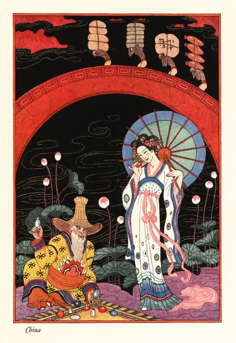 Framed Print : A young woman with lacquer parasol smelling a perfume flask, anc Framed Print : A young woman with lacquer parasol smelling a perfume flask, anc
