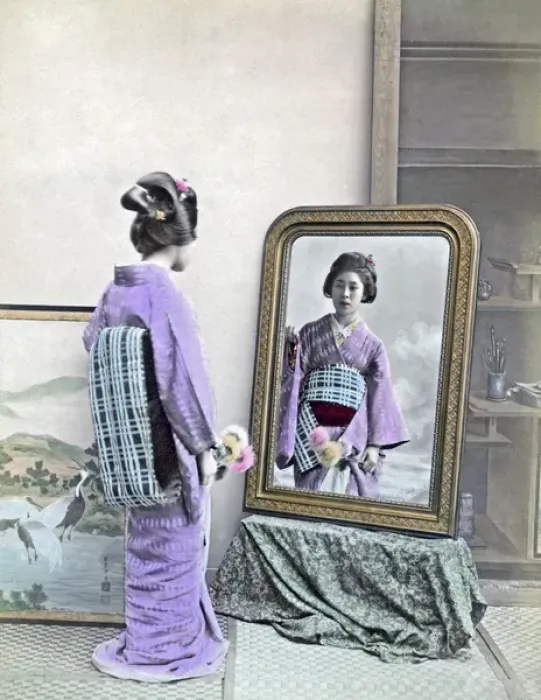 Framed Print : Young woman and mirror, Japan, circa 1880s Framed Print : Young woman and mirror, Japan, circa 1880s