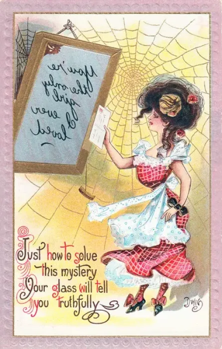 Framed Print : Young woman with mirror on a novelty postcard Framed Print : Young woman with mirror on a novelty postcard