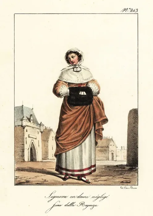 Framed Print : Young woman in morning dress, end of Regency era, France Framed Print : Young woman in morning dress, end of Regency era, France