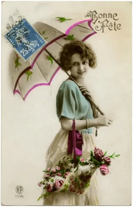 Framed Print : Young woman with a parasol and a basket of flowers Framed Print : Young woman with a parasol and a basket of flowers
