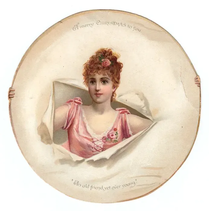 Framed Print : Young woman in pink on a Christmas card Framed Print : Young woman in pink on a Christmas card