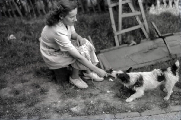 A young woman playing with her small pet terrier dog
