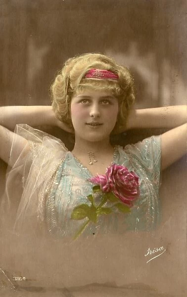 Young woman on a postcard