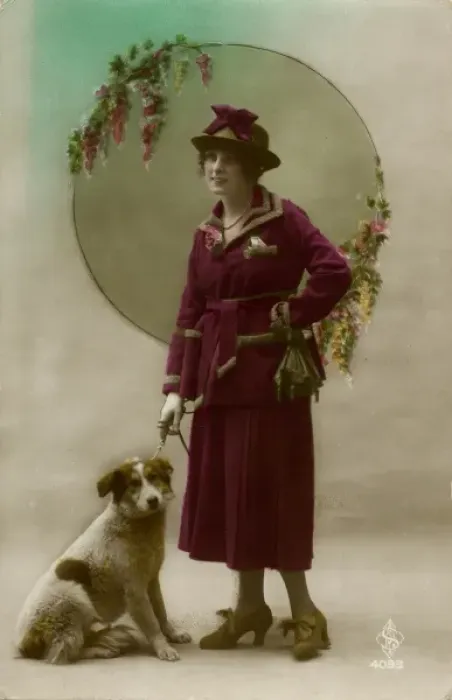 Framed Print : Young woman in purple costume, with dog Framed Print : Young woman in purple costume, with dog