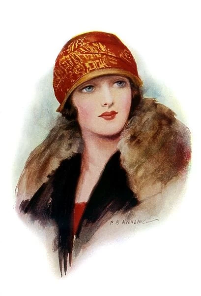 Young woman in red and gold cloche hat