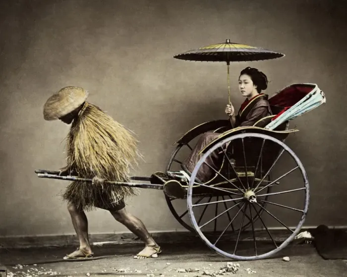 Framed Print : Young woman in rickshaw, Japan Framed Print : Young woman in rickshaw, Japan