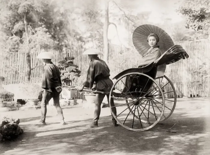 Framed Print : Young woman in a rickshaw, jinrikisha, Japan Framed Print : Young woman in a rickshaw, jinrikisha, Japan