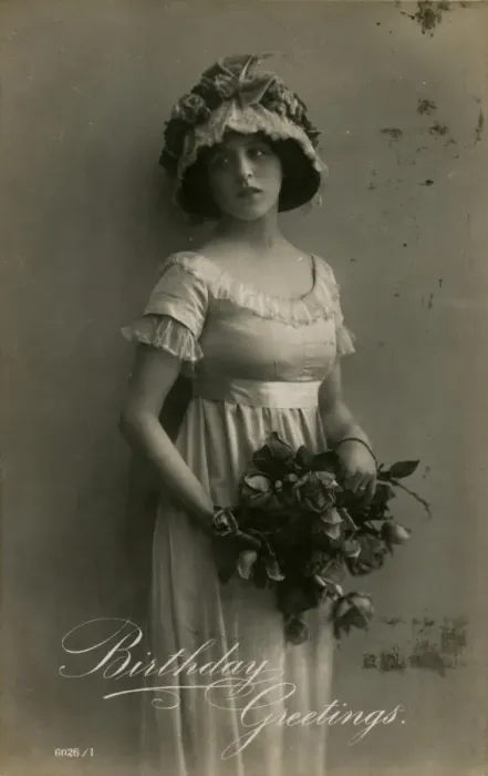 Framed Print : Young woman with roses on a birthday postcard Framed Print : Young woman with roses on a birthday postcard