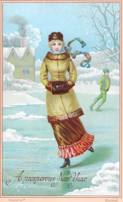 Framed Print : Young woman skating on a New Year card Framed Print : Young woman skating on a New Year card