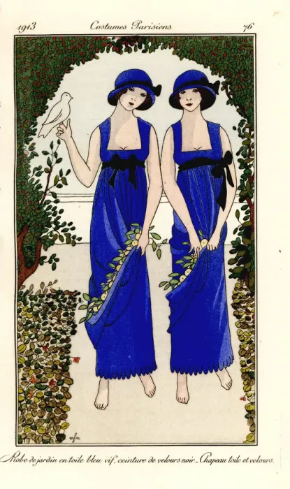 Framed Print : Young women in blue toile garden dresses with black Framed Print : Young women in blue toile garden dresses with black