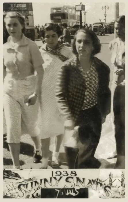 Framed Print : Four young women at the British seaside - walking past Framed Print : Four young women at the British seaside - walking past