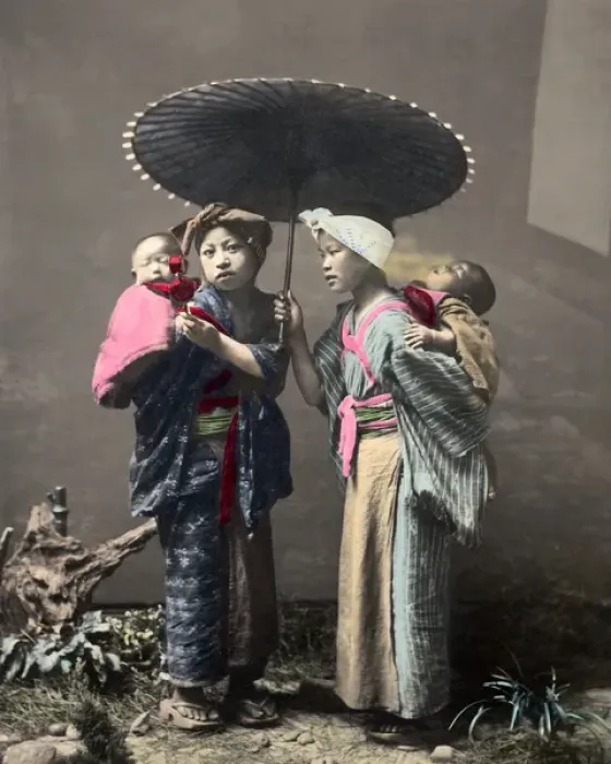 Framed Print : Young women carrying babies, Japan Framed Print : Young women carrying babies, Japan