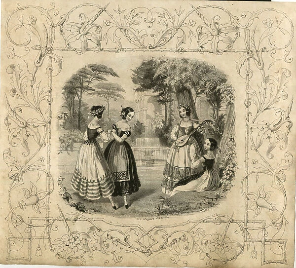Young women dancing near a fountain