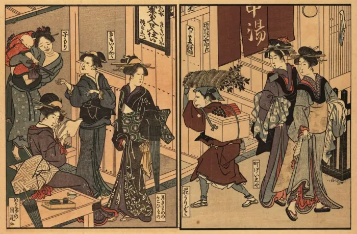 Framed Print : Young women and geisha on an Edo street, 18th century Framed Print : Young women and geisha on an Edo street, 18th century