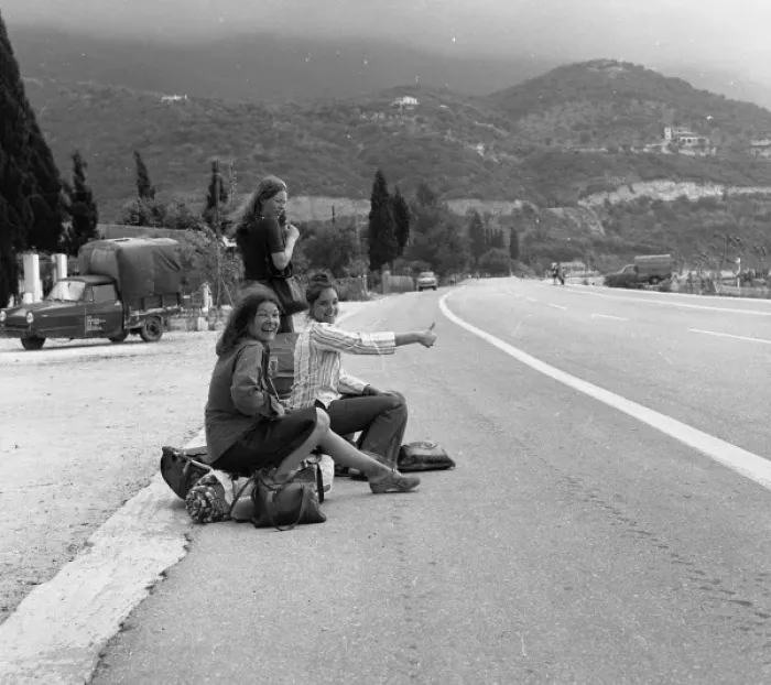 Framed Print : Three young women hitch-hiking