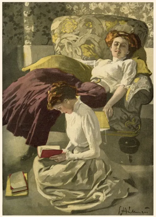 Framed Print : Two young women at home, relaxing and reading their books. Date: 1910 Framed Print : Two young women at home, relaxing and reading their books. Date: 1910