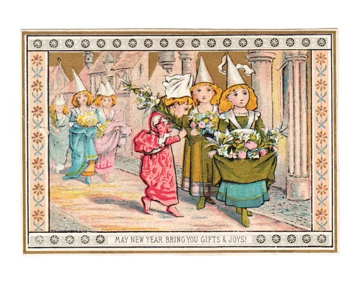 Framed Print : Young women in medieval costume on a New Year card Framed Print : Young women in medieval costume on a New Year card