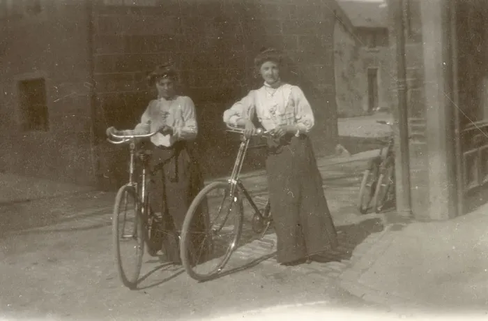 Framed Print : Two young women pose proudly with their bicycles at Moffat in Dumfriesshire Framed Print : Two young women pose proudly with their bicycles at Moffat in Dumfriesshire