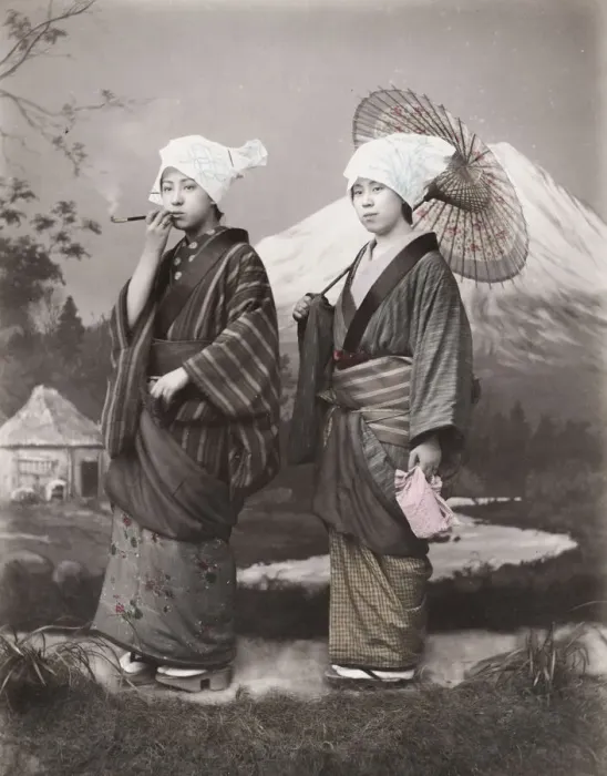 Framed Print : Two young women, studio setting, Japan Framed Print : Two young women, studio setting, Japan