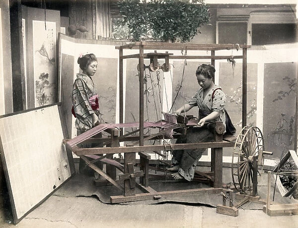 Young women weaving silk, Japan