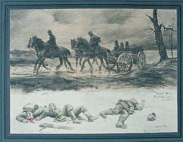 Ypres Front - French food wagon passing dead Germans