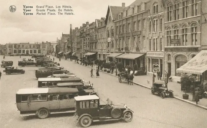 Framed Print : Ypres - Market Place with Hotels - post WWI Framed Print : Ypres - Market Place with Hotels - post WWI