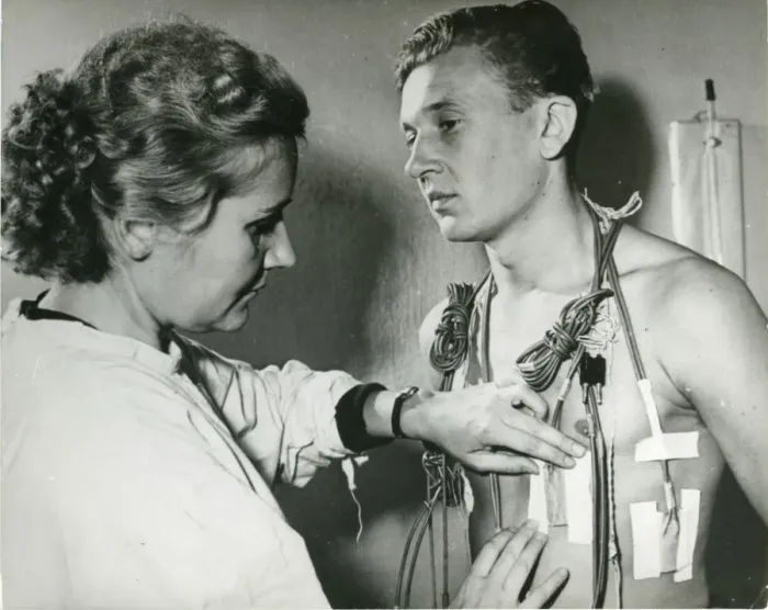 Framed Print : Z. A. Arapova, left, a senior laboratory assistant in a ? Framed Print : Z. A. Arapova, left, a senior laboratory assistant in a ?