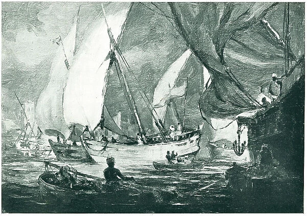 Zanzibar. This painting shows a gathering of manned dhow sail boats on the Indian Ocean
