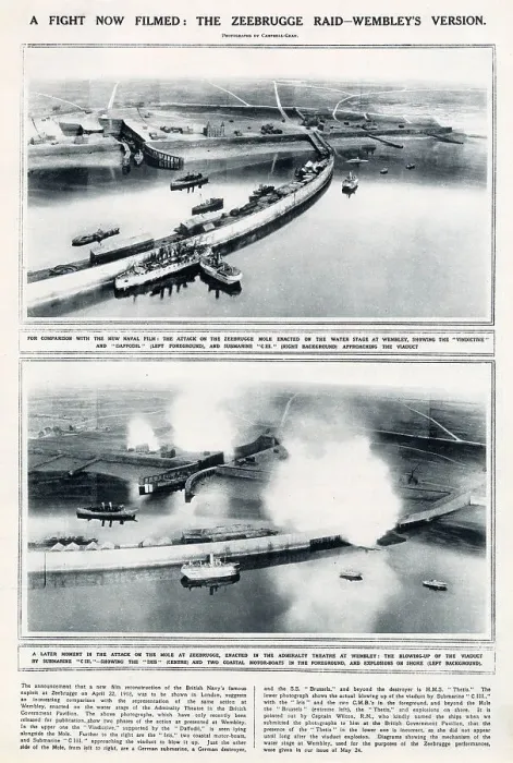Framed Print : The Zeebrugge raid enacted in the Admiralty Theatre at Wembley in 1924. Date: 1924 Framed Print : The Zeebrugge raid enacted in the Admiralty Theatre at Wembley in 1924. Date: 1924