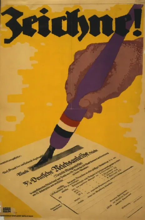 Framed Print : Zeichne!. Poster shows a hand holding a pen and signing a war bond certificate. Date 1918