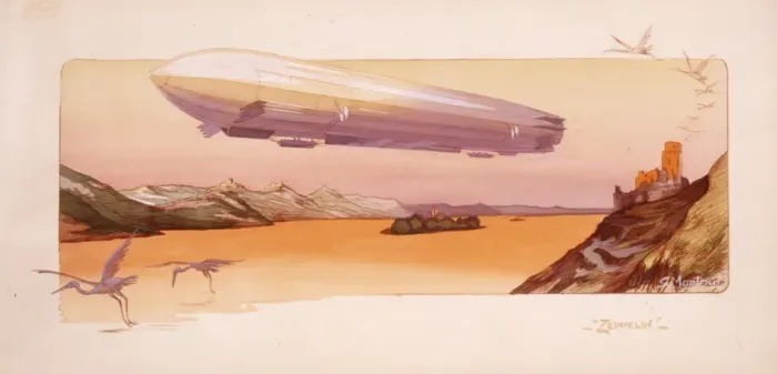 Framed Print : Zeppelin hovering over a river Framed Print : Zeppelin hovering over a river