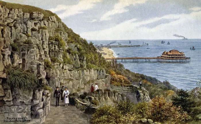Framed Print : Zig-Zag Path and Pier, Folkestone, Kent. Date: 1923 Framed Print : Zig-Zag Path and Pier, Folkestone, Kent. Date: 1923