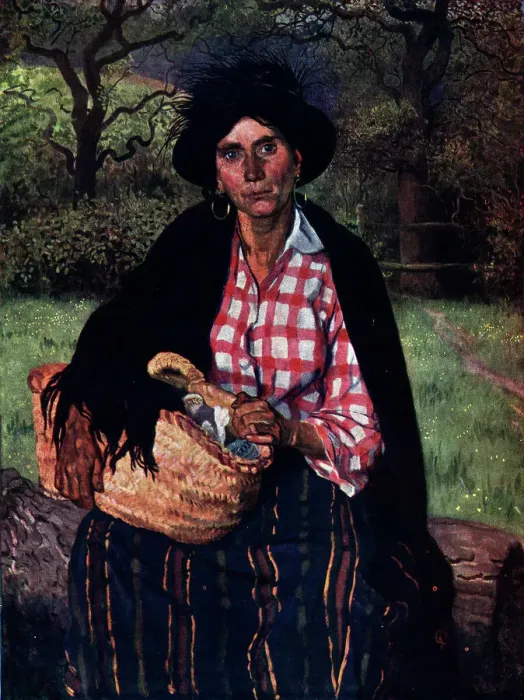 Framed Print : Zillah. Painting of a seated woman wearing a black shawl, carrying a baskey of washing Framed Print : Zillah. Painting of a seated woman wearing a black shawl, carrying a baskey of washing