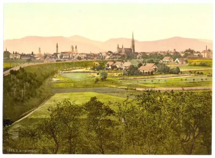 Framed Print : Zittau with mountains, seen from Eckartsberg, Saxony, German Framed Print : Zittau with mountains, seen from Eckartsberg, Saxony, German