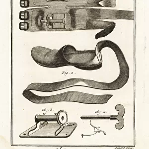 18th century knee pad 1, slipper 2, winch 3 and key 4