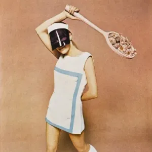 Print of a 1960s tennis player in a Dacron and cotton dress Print of a 1960s tennis player in a Dacron and cotton dress